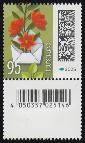 3898 Blumenbrief 95 C. aus 200er, mit Nummer und GROSSEM Codierfeld **
