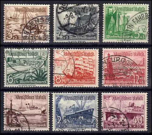 651-659 WHW Schiffe 1937, 9 Werte komplett, Satz gestempelt O