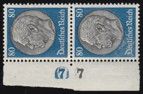 527 Hindenburg 80 Pf., Randpaar DZ 7, Gummi leicht fleckig / unfrisch *