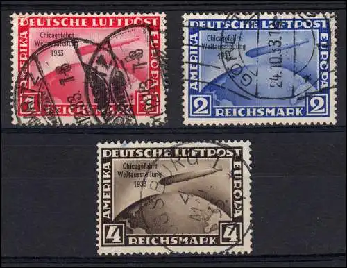 496-498 Chicagofahrt 1933 komplett bedarfsgestempelter Satz mit kleinen Mängeln