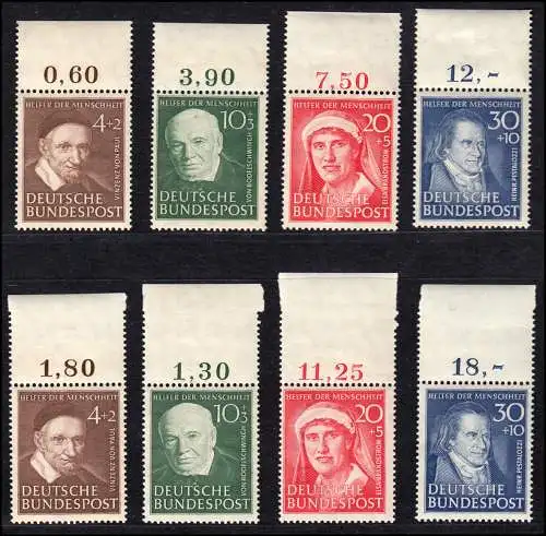 143-146 Wohlfahrt 1951, zwei kpl. Sätze vom Oberrand dgz und ndgz, ungefaltet **