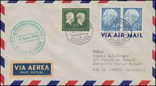 187 Heuss 30 Pf waagerechtes Paar mit ZF auf Erstflugbrief Südamerika 24.3.54