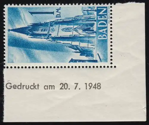 27 Br u Ergänzungswert Baden 1 D.M. mit Druckdatum 20.7.1948, postfrisch **