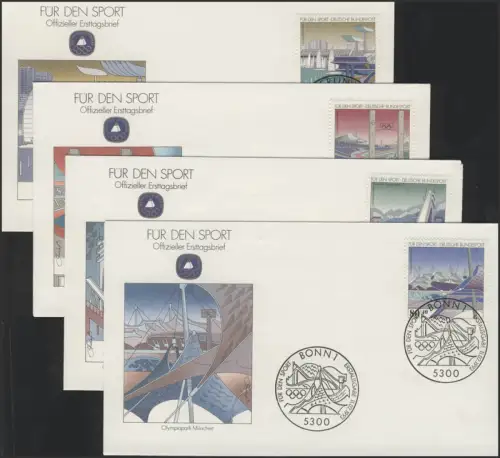 Sporthilfe 1650-1653, vier offizielle FDCs Sportstätten, 1993
