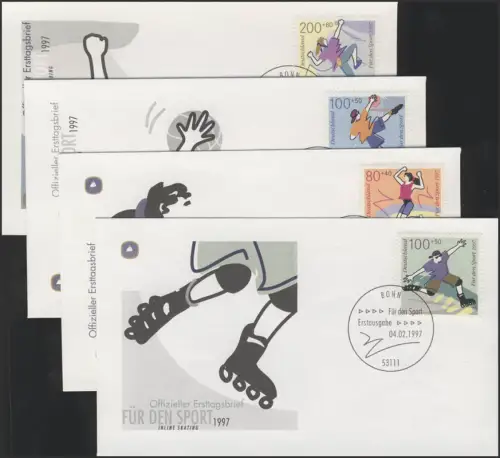 Sporthilfe vier offiz. FDCs Aerobic Inliner Streetball Freeclimbing, 1997