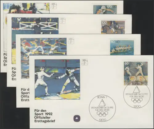 Sporthilfe vier offizielle FDCs Fechten Rudern Dressur Slalom, 1992