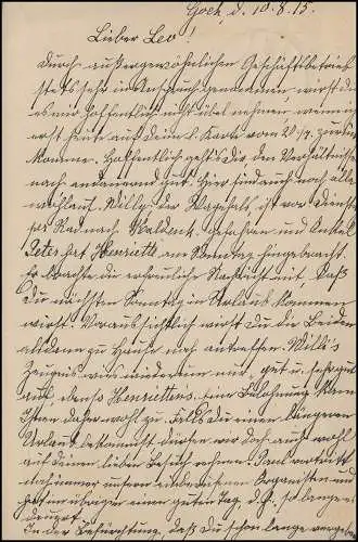 Feldpostkarte GOCH 10.8.15, roter Zensurstempel CLEVE P.K. geprüft/zu befördern