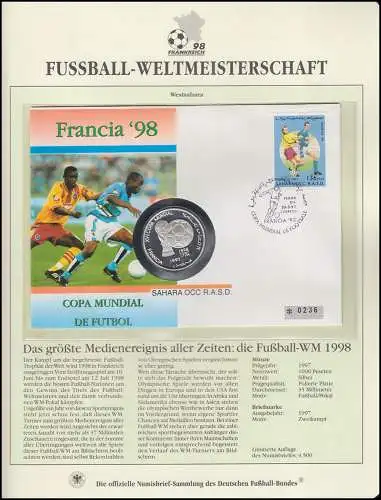 Fußball-Weltmeisterschaft 1998 Frankreich - Numisbrief Westsahara, Silber