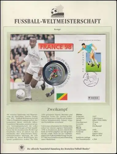 Fußball-Weltmeisterschaft 1998 Frankreich - Farb-Numisbrief Kongo, Silber
