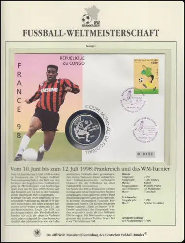 Fußball-Weltmeisterschaft 1998 Frankreich - Numisbrief Kongo, Silber, 35 mm