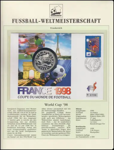 Fußball-WM 1998 Frankreich - Numisbrief Brandenb. Tor, Silber 900, 37mm