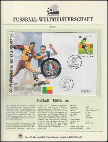 Fußball-WM 1998 Frankreich - Farb-Numisbrief Eiffelturm, Silber 999, 14g
