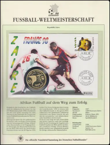 Fußball-WM 1998 Frankreich - Numisbrief Zaire, Silber 38mm