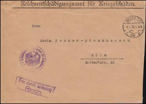 Frei durch Ablösung Reichsentschädigungsamt für Kriegsschäden BERLIN 4.8.1926