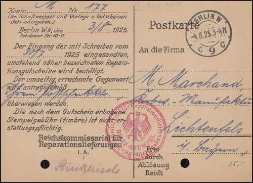 Frei durch Ablösung Reichskommissariat Reparationslieferungen BERLIN 4.8.1925