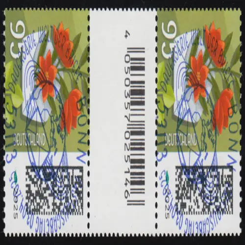 3898 Blumenbrief 95 C. aus 200er, Paar mit Nr., CF, ohne Nr., ESST BONN