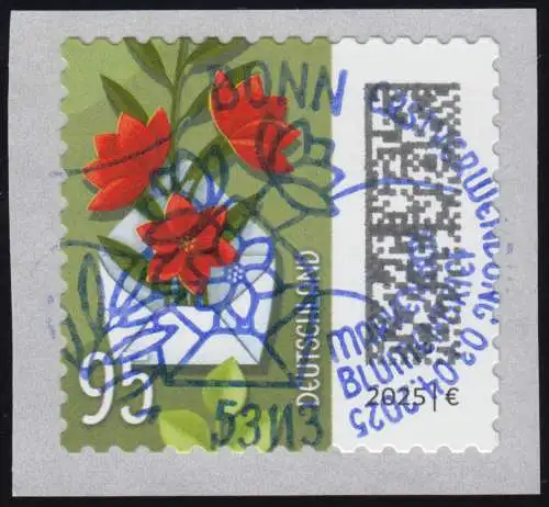 3903 Blumenbrief 95 Cent sk 500er ENS mit UNGERADER Nummer, EV-O Bonn 3.4.25