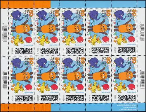 3596 Die Sendung mit der Maus - 10er-Bogen nassklebend ** postfrisch