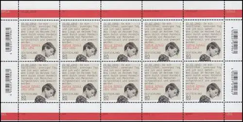 3606 Sophie Scholl - Widerstandsgruppe Weiße Rose - 10er-Bogen ** postfrisch