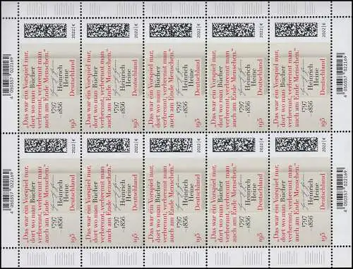 3731 Dichter und Schriftsteller Heinrich Heine - 10er-Bogen ** postfrisch
