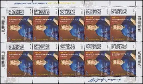 3658 Annette von Droste-Hülshoff - 10er-Bogen ** postfrisch