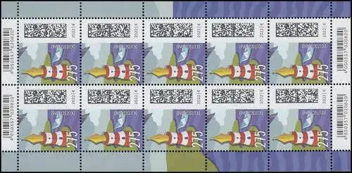 3657 Welt der Briefe: Leuchtfederstift 275 Cent - 10er-Bogen ** postfrisch