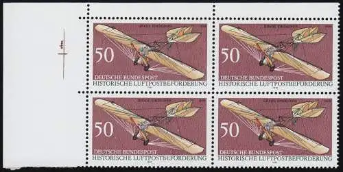 1523P Luftpost 50 Pf Probedruck lilabraun - Eck-Viererblock oben links, **
