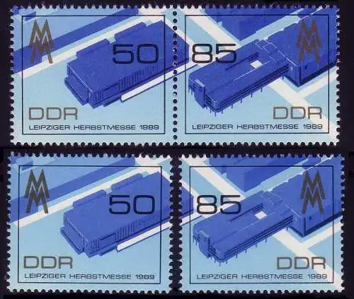3267-3268 aus Block 99 Leipziger Messe 1989, 1 ZD und 2 Ezm, Set postfrisch **