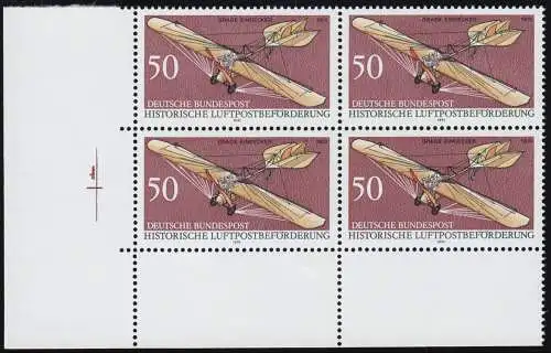 1523P Luftpost 50 Pf Probedruck lilabraun - Eck-Viererblock unten links, **