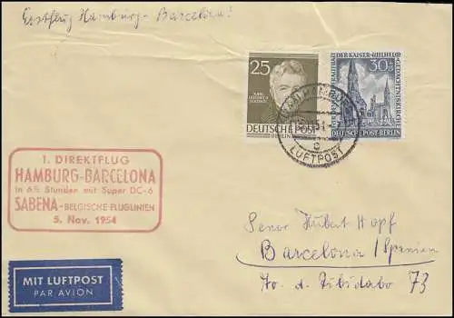 109 Gedächtniskirche 30 Pf + ZF auf Erstflug-Brief Hamburg-Barcelona 5.11.54