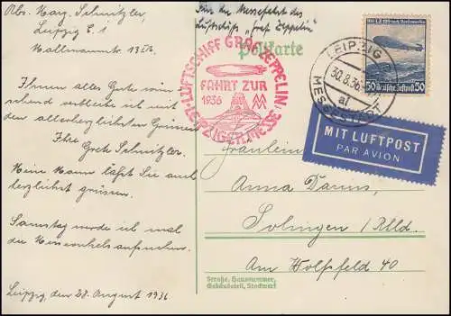 Zeppelinpost Leipziger Messe 30.8.36, roter Bestätigungsstempel f, Bedarfskarte