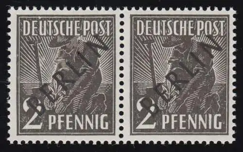 1 Schwarzaufdruck 2 Pfennig PLF I weißer Fleck über U, Paar, Gummifehler *