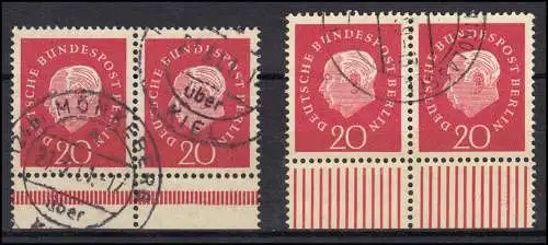 184v und w Heuss 20 Pf. UR-Paare Platte / Walze, zeitgerecht bedarfsgestempelt O
