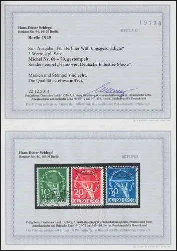 68-70 Währungsgeschädigte - Satz Sonderstempel, Befund Schlegel BPP