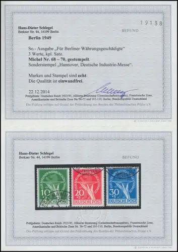 68-70 Währungsgeschädigte - Satz Sonderstempel, Befund Schlegel BPP