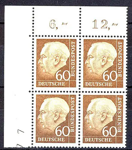 262v Heuss II 60 Pf Eck-Vbl. ol ** postfrisch