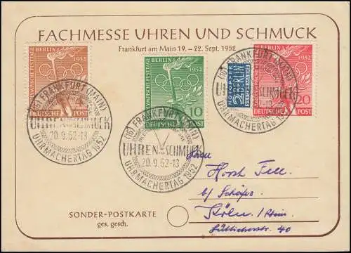 88-90 Vorolympia-Satz Karte Fachmesse Uhren und Schmuck, SST FFM 20.9.52