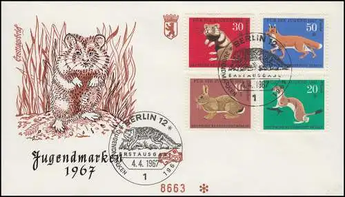 299-302 Jugend 1967 Pelztiere, Satz auf FICACOS Schmuck-FDC ESSt BERLIN 4.4.67
