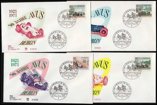 397-400 AVUS-Rennen aus Block 3, Satz auf vier Schmuck-FDC, ESST Berlin 27.8.71