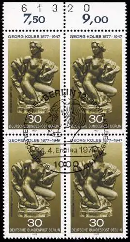 543 Georg Kolbe - Viererblock vom OR mit Randziffern, gummiert, ESST