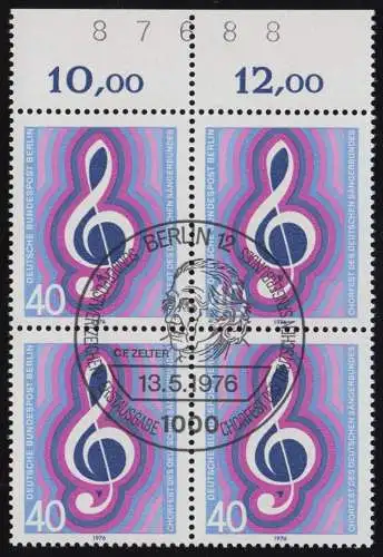 522 Deutscher Sängerbund - Viererblock vom OR mit Randziffern, gummiert, ESST