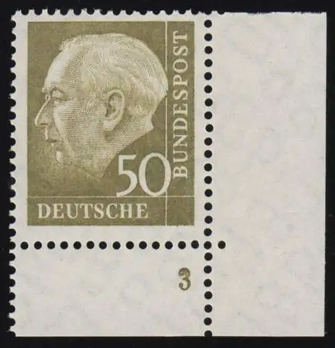261w Heuss II 50 Pf Ecke ur mit Formnummer FN 3, postfrisch **