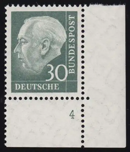 259w Heuss II 30 Pf Ecke ur mit Formnummer FN 4, postfrisch **