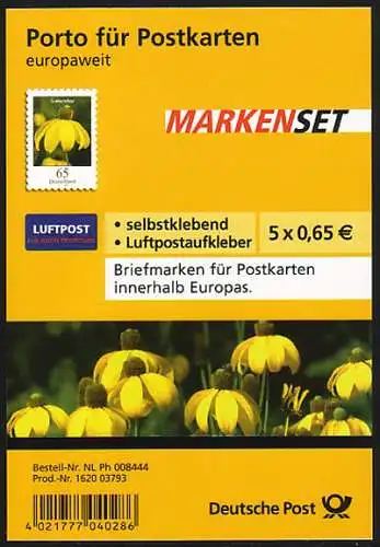 FB 2 Sonnenhut 2009, Folienblatt 5x2715, mit Luftpost-Aufkleber, EV-O Bonn