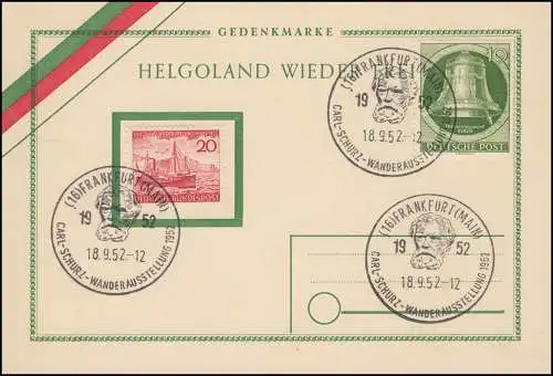 152 Helgoland u.a. auf Gedenkkarte Helgoland wieder frei, SST FfM 18.9.52
