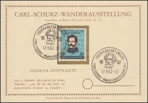 155 Carl Schurz auf Sonderkarte Wanderausstellung ESSt FRANKFURT / MAIN 17.9.52