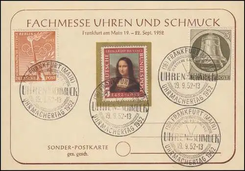 148 Mona Lisa u.a. auf Gedenkkarte Fachmesse Uhren Schmuck, SST FfM 19.9.52