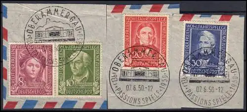 117-120 Helfer der Menschheit, Satz auf 3 Briefstücken Oberammergau 7.6.50