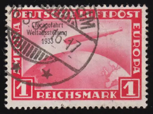 496 Chicagofahrt 1 RM zeitgerecht gestempelt O, kleine Mängel laut Abbildung!