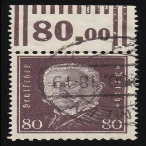 422 W OR Hindenburg 80 Pf. Walzendruck, Marke mit Oberrand, gestempelt O